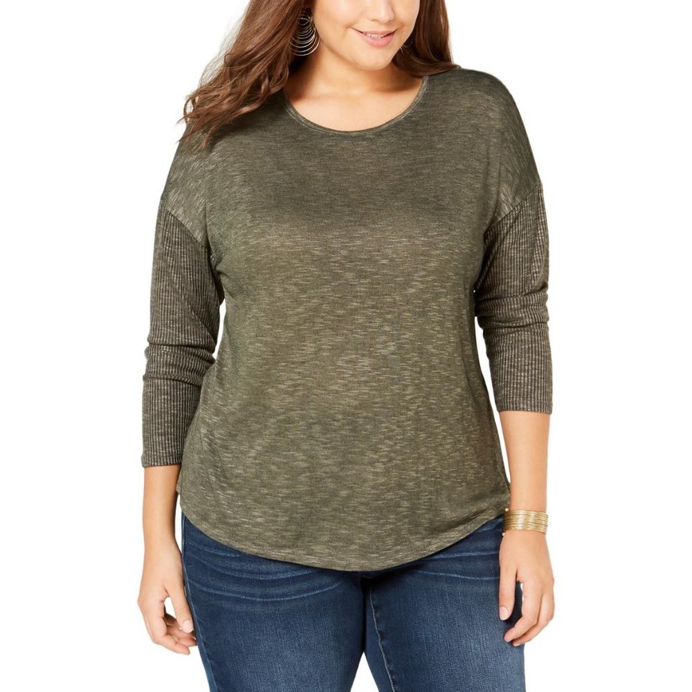 INC Womens Plus Mixed Media Slub Top